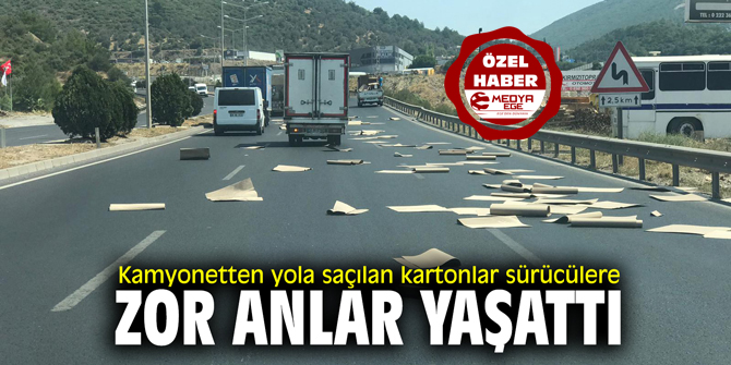 Kamyonetten yola saçılan kartonlar sürücülere zor anlar yaşattı
