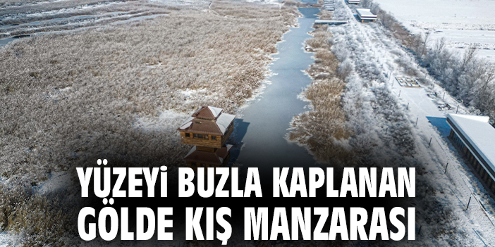 Yüzeyi buzla kaplanan gölde kış manzarası