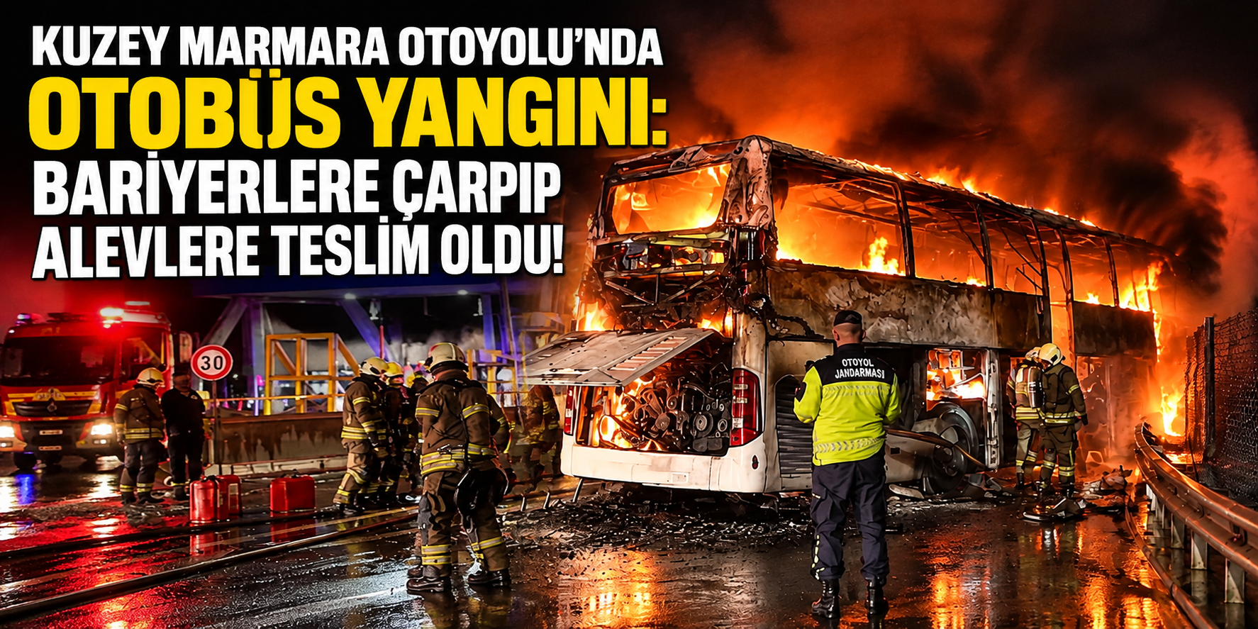 Kuzey Marmara Otoyolu’nda otobüs yangını: Bariyerlere çarpıp alevlere teslim oldu!