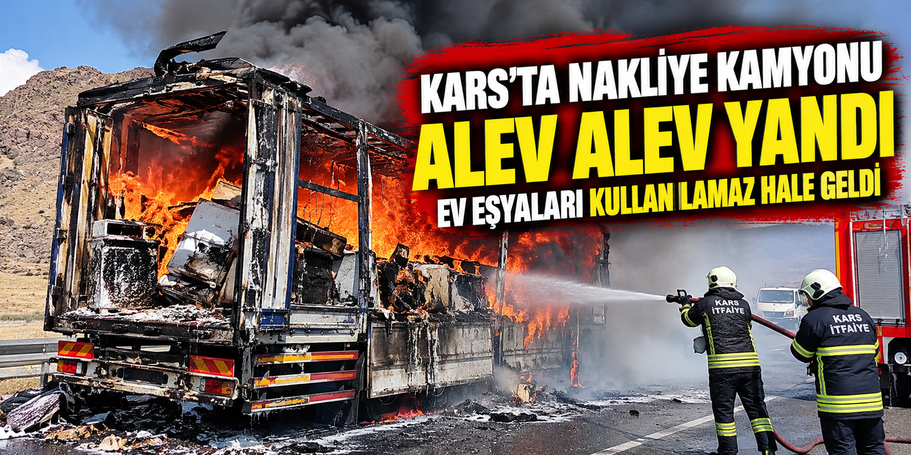 Kars’ta nakliye kamyonu alev alev yandı: Ev eşyaları kullanılamaz hale geldi
